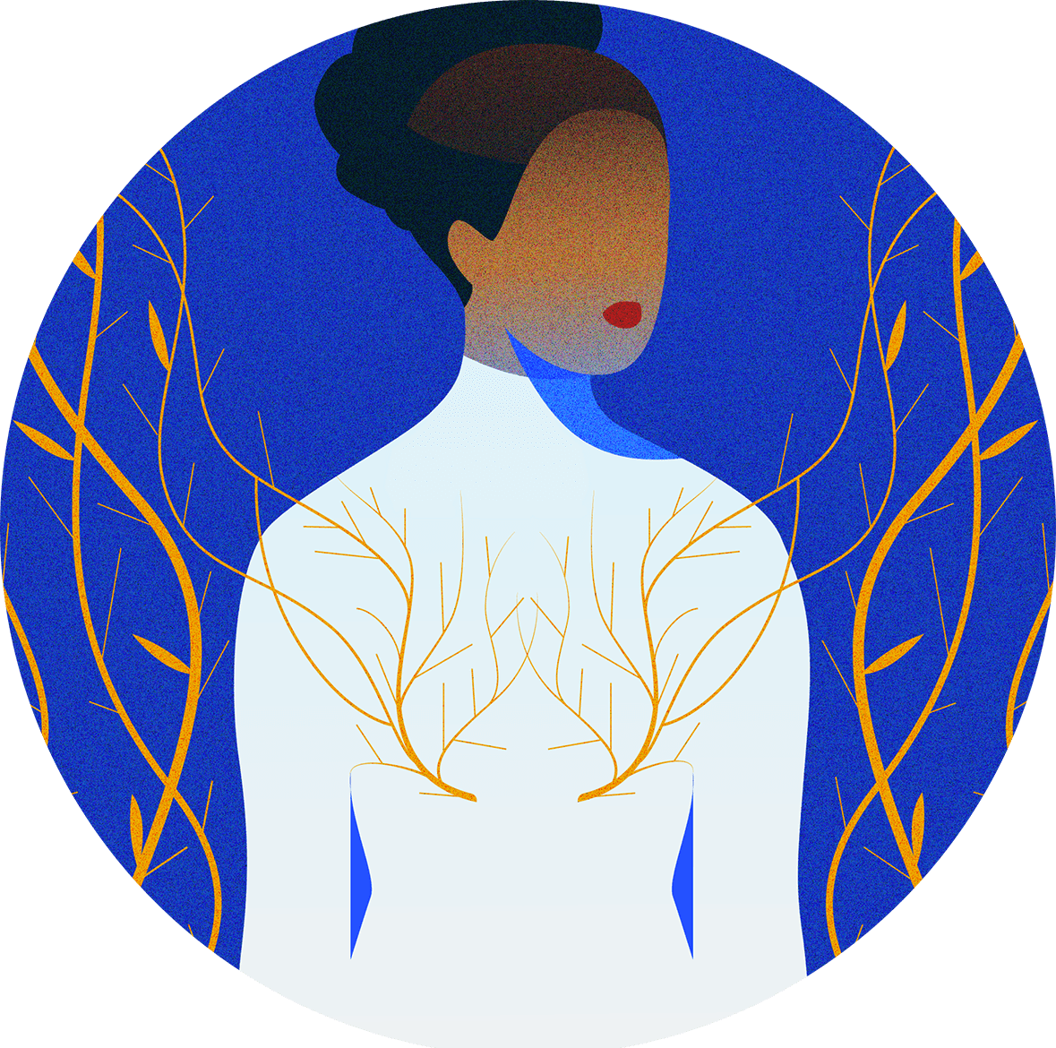 Illustration of a woman with branch-like patterns across her chest against a dark blue background.