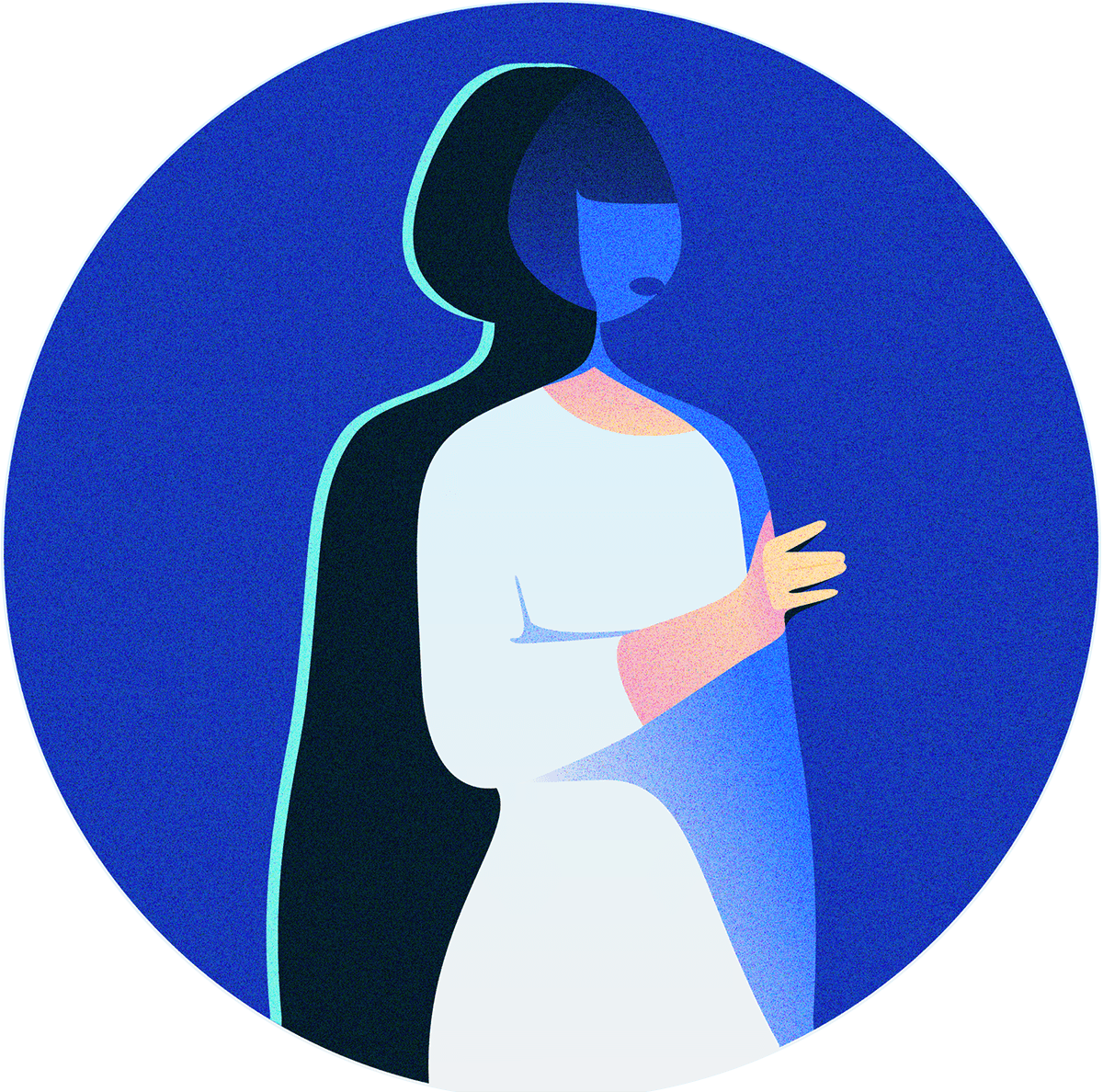 Illustration of a woman within a cut-out and shadowed silhouette of herself.