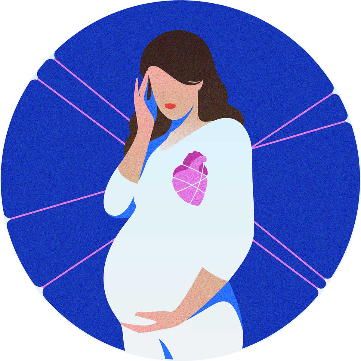 Illustration of a pregnant woman holding her head, with an anatomical heart drawn on her chest.
