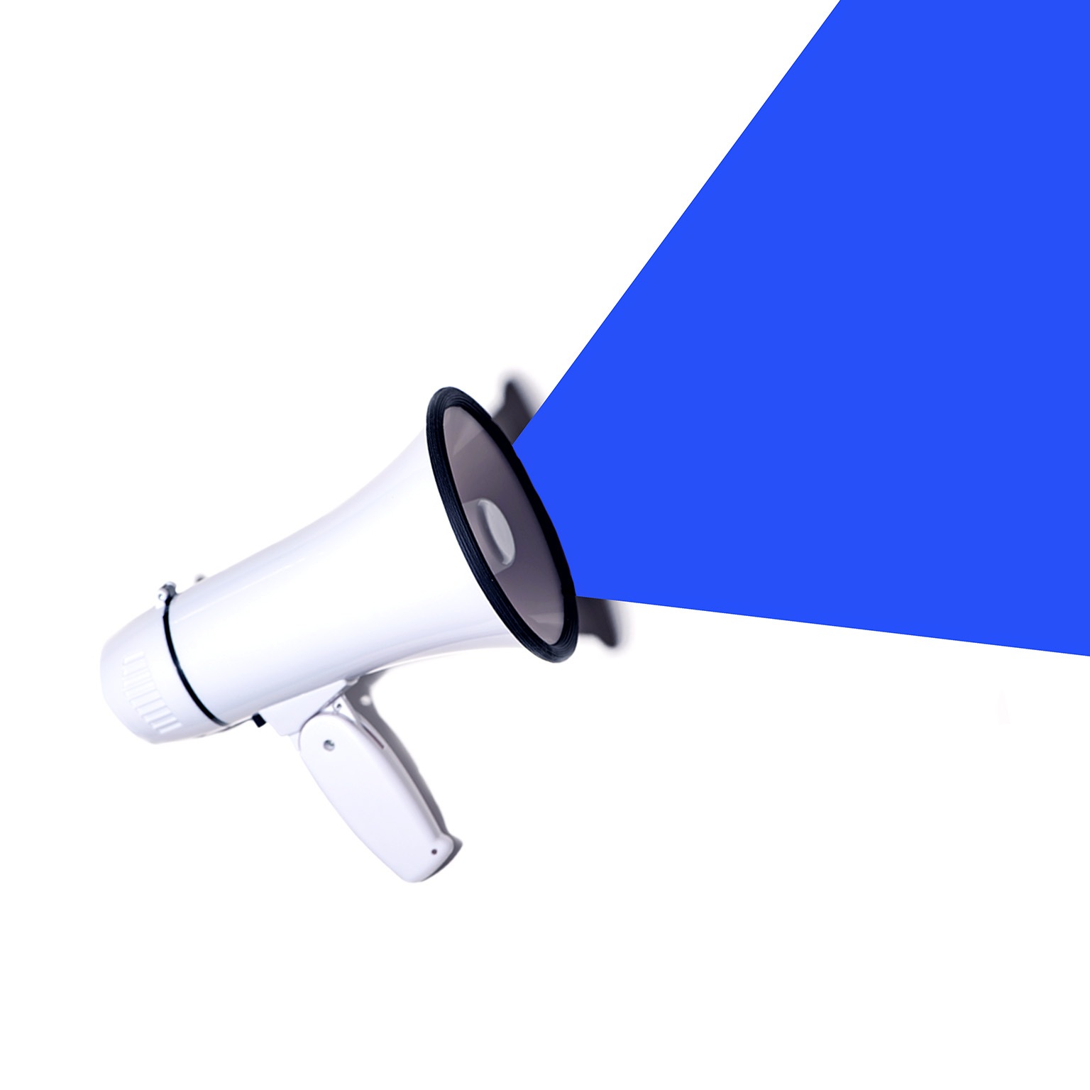 A conceptual image of a megaphone projecting an announcement that is an electric blue solid shape
