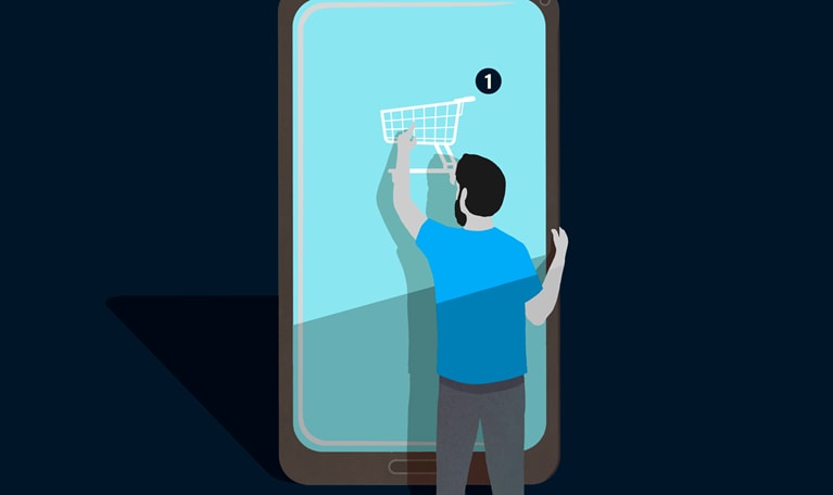 illustration man shopping on life-sized mobile device