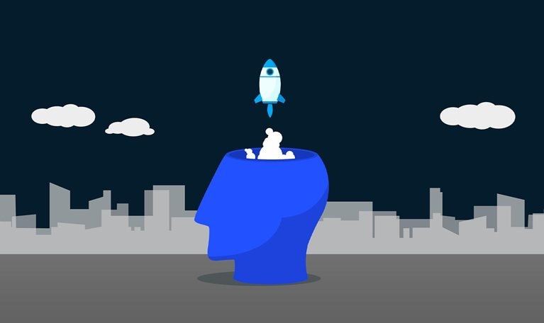 Illustration. Rocket launching from the brain.