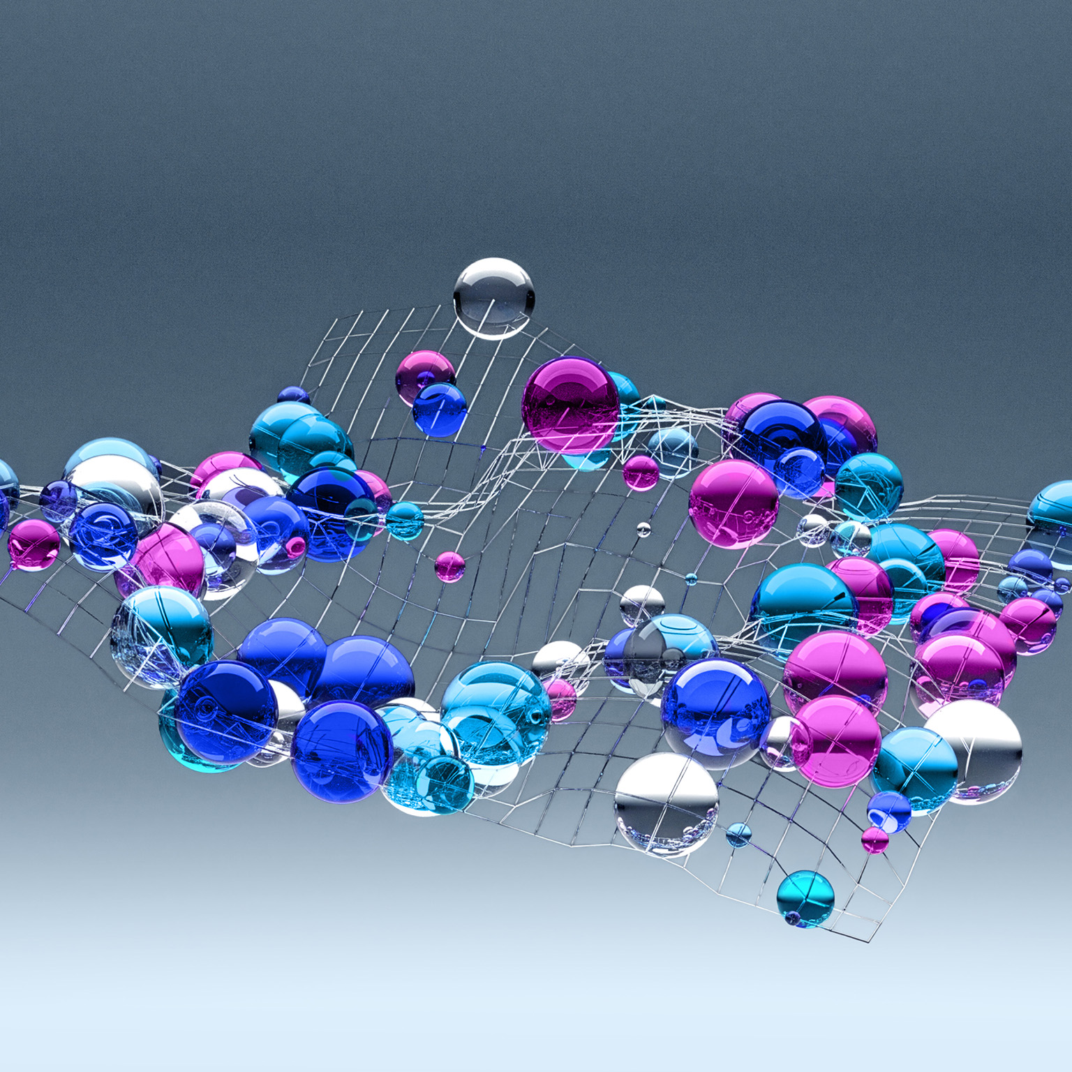 Abstract 3D rendering of colorful glass spheres floating on a curved wire mesh against a gray-blue background.