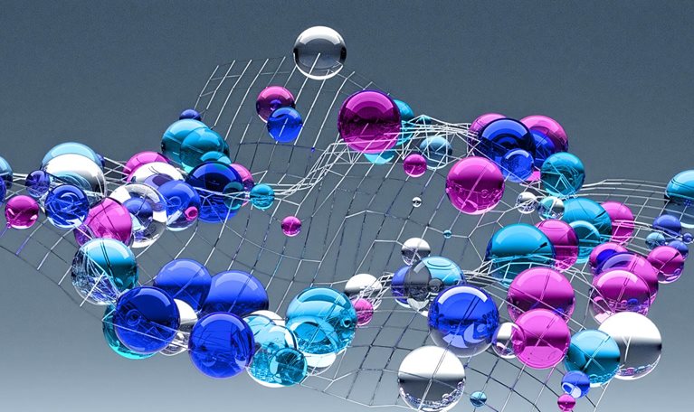 Abstract 3D rendering of colorful glass spheres floating on a curved wire mesh against a gray-blue background.