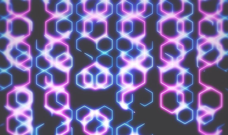 Video of colorful hexagons overlapping with shifting light.