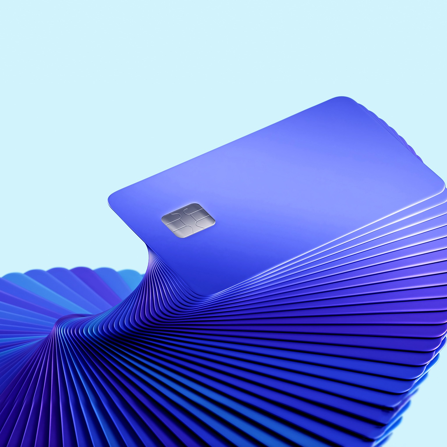 An abstract image of a stack of 3D credit cards swirling up in a repeating twisting pattern.
