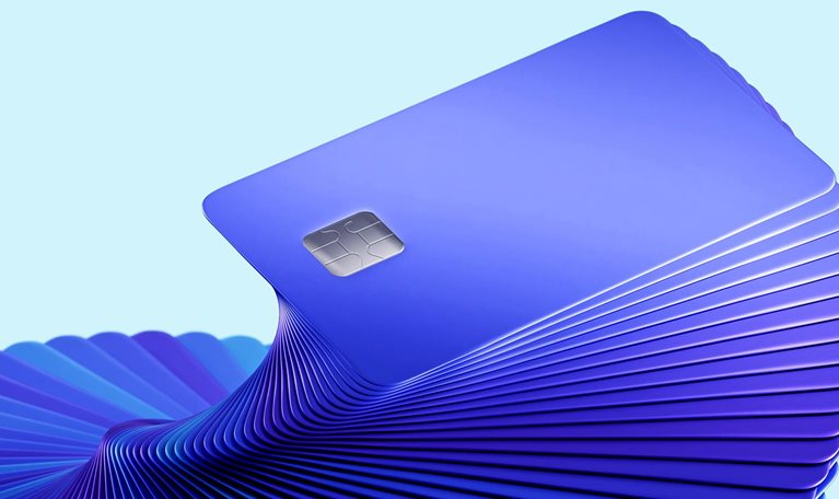 An abstract image of a stack of 3D credit cards swirling up in a repeating twisting pattern.