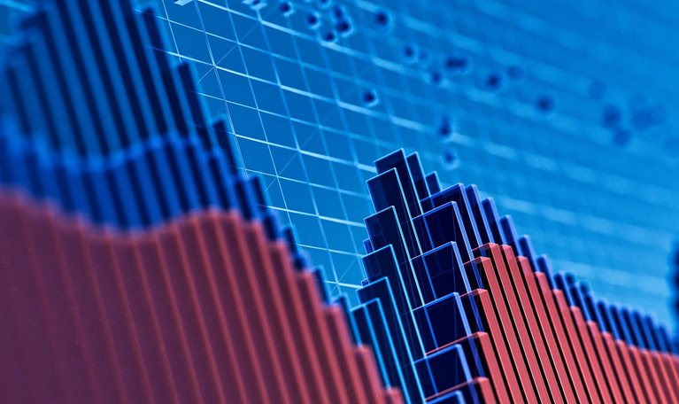 3D rendered image of financial technology graph with trends lines