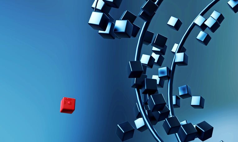 Numerous small blue cubes swirl in curved, ring-like paths, forming a dynamic, abstract structure against a gradient background. A single red cube breaks away from the others.