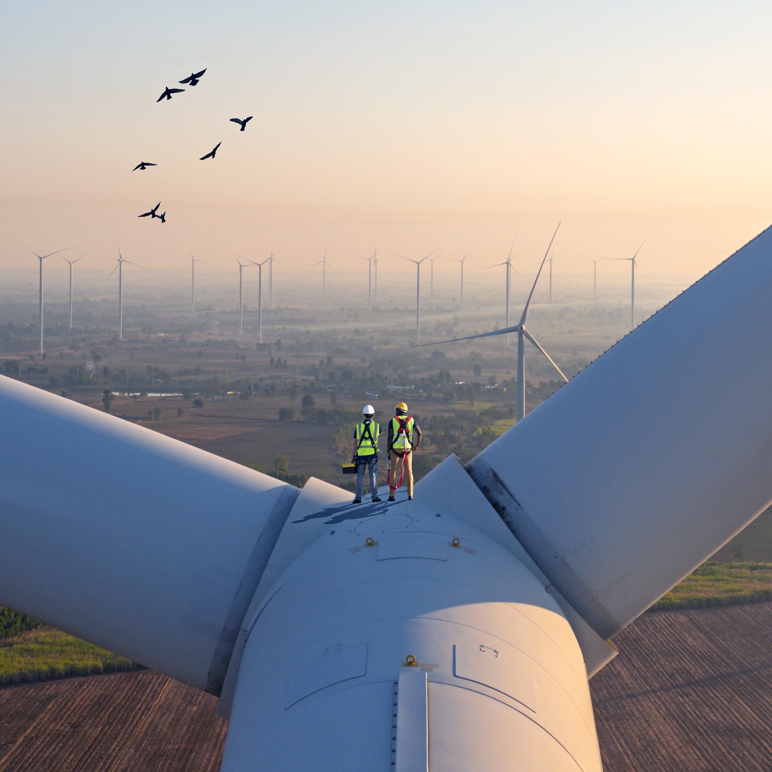 Two rope access technicians working on higher wind turbine blades