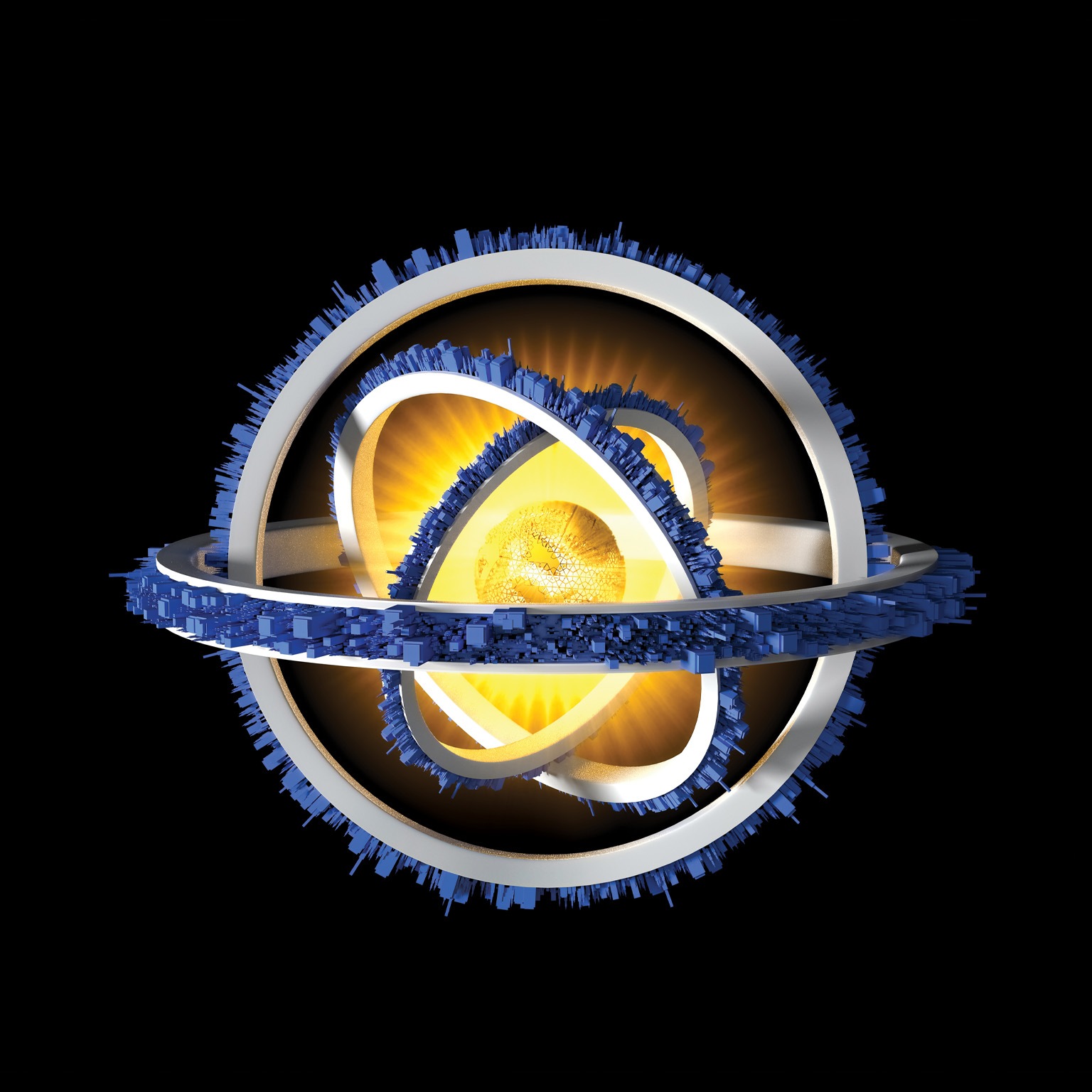 A glowing golden sphere sits at the center of a complex structure of interlocking rings and orbit-like forms. The surrounding elements create a dynamic, futuristic composition against a dark background, suggesting energy, motion, and advanced technology.