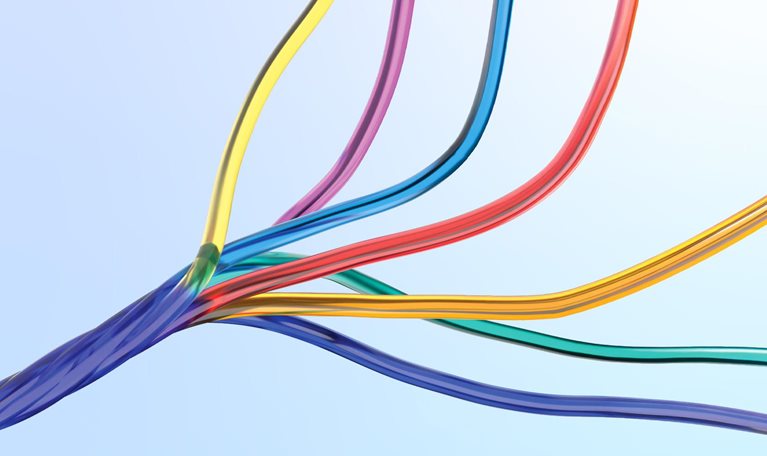 Colorful, translucent wire like strands curve and intertwine across a pale blue background.