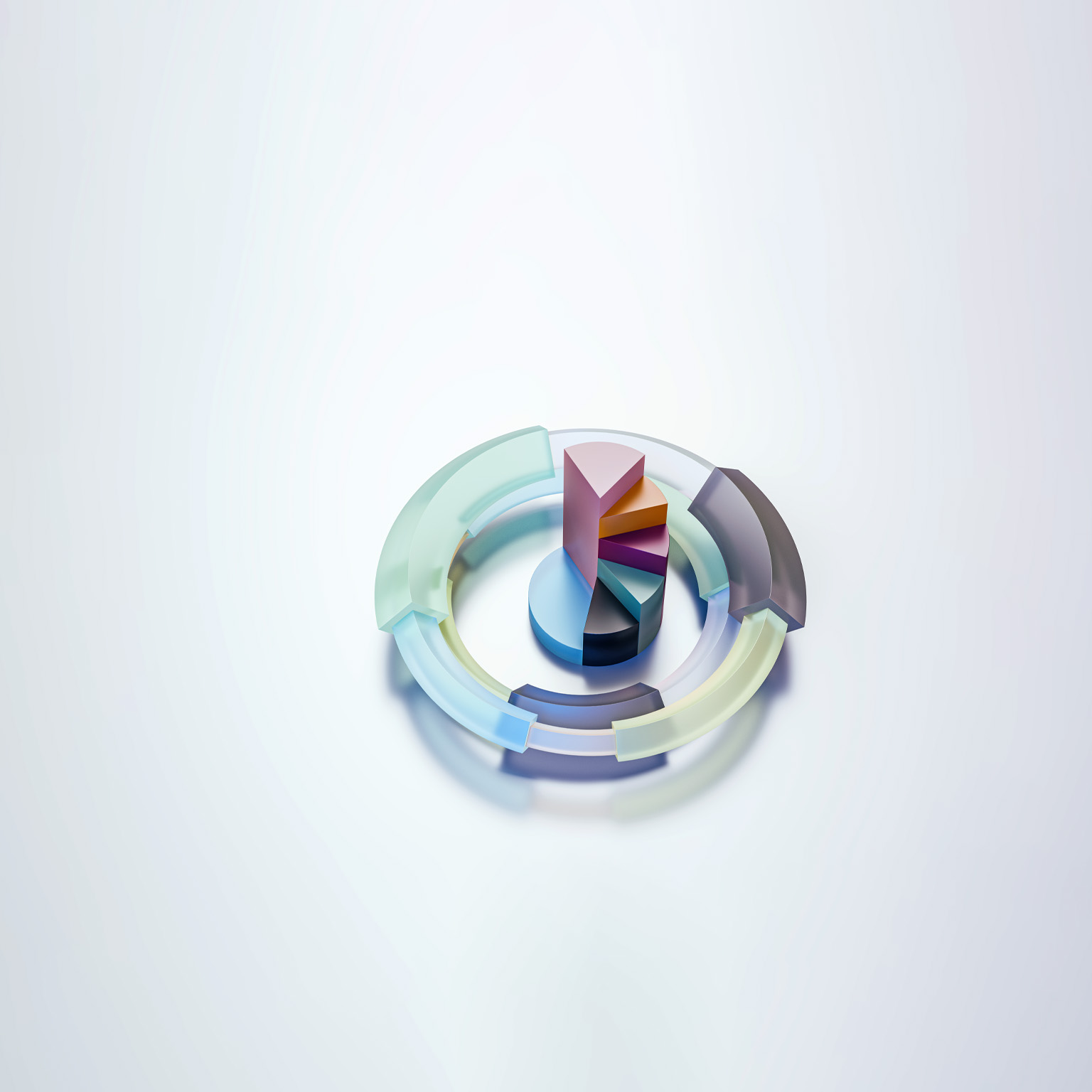 The pie chart features vibrant slices that rise in height, giving it a layered appearance. Transparent, circular shapes encircle the chart, which sits on a white backdrop with subtle shadows.
