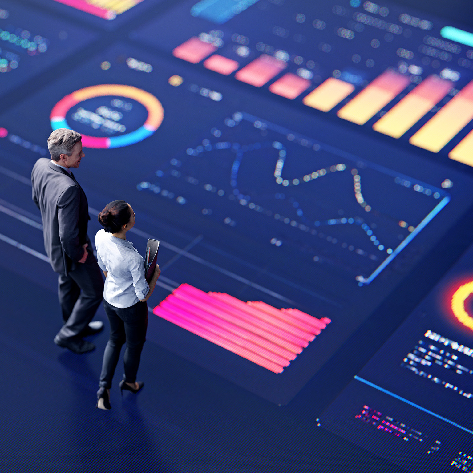 3d conceptual rendering of two business people standing on a large digital screen, analyzing data visualizations.