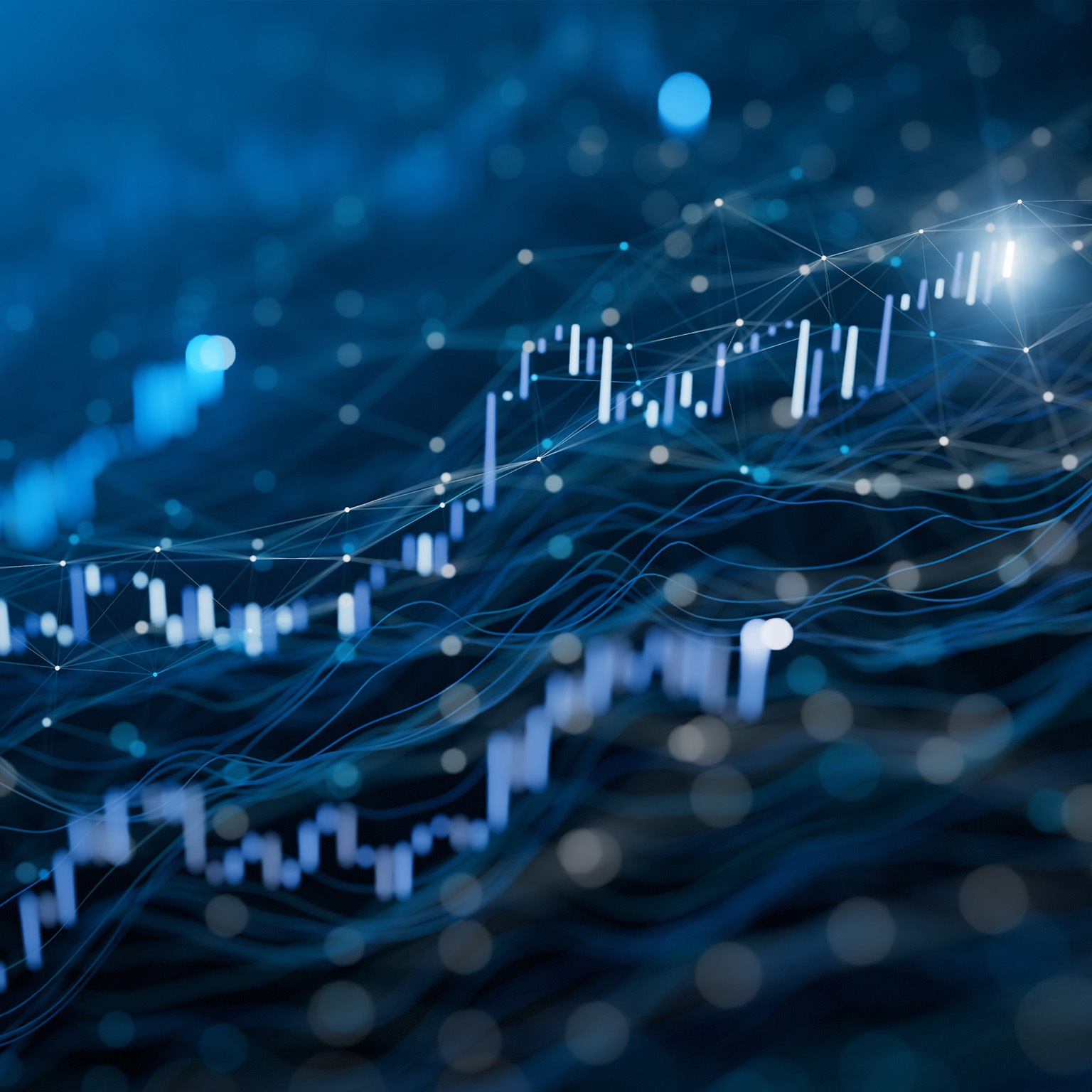 The image is an abstract, digital illustration representing financial data and market trends.