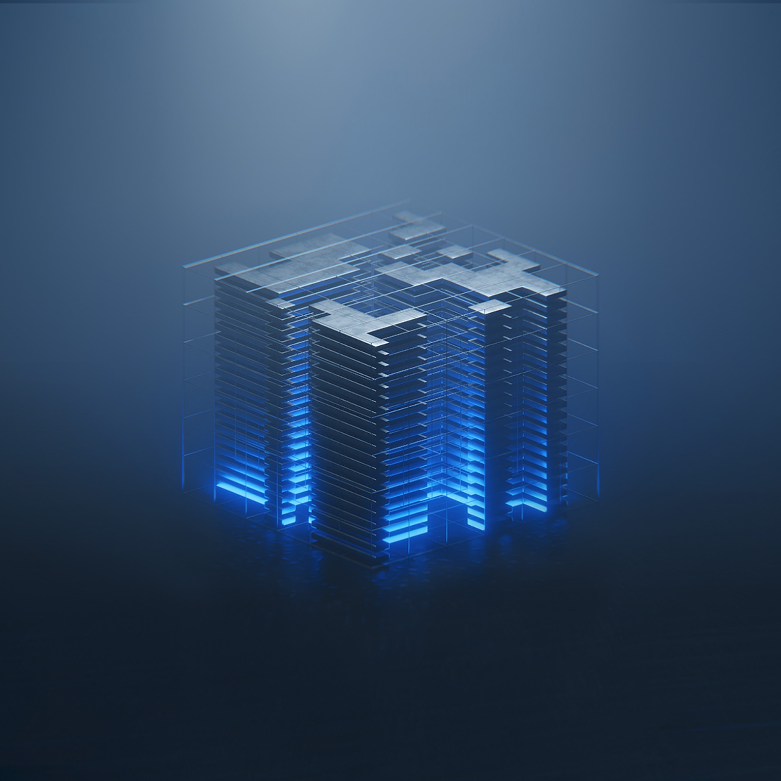 Digitally generated image of an cubic data tech block, abstract design featuring several interconnected, box blocks-like structures that appear to pattern. These blocks are illuminated with a digital blue and green color scheme, with countless tiny, glowing elements resembling data streams or circuit boards. Artificial intelligence, machine learning or digital transformation concept.