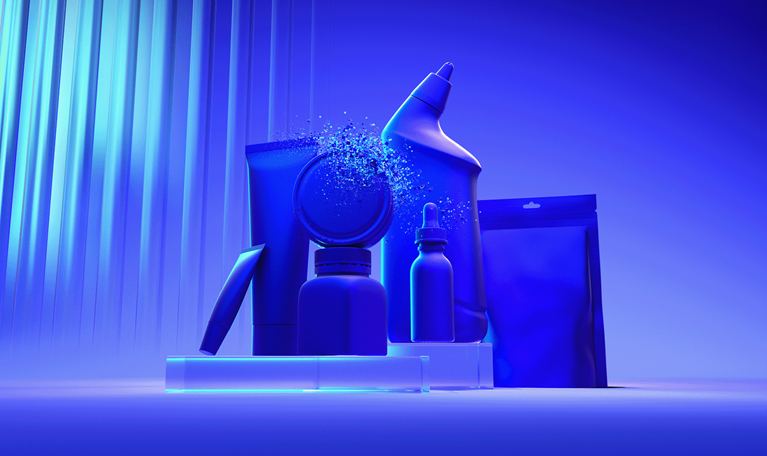 Several solid blue, unlabeled product containers are arranged on a glowing platform in front of a blue background with a vertically ribbed, lit panel.
