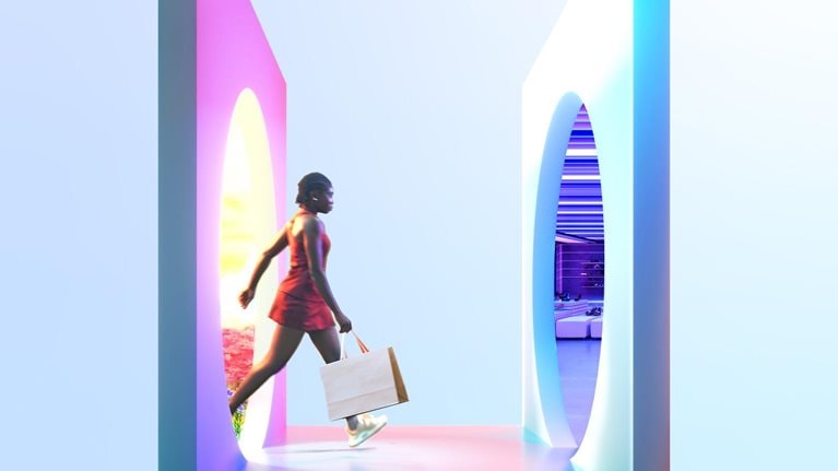 Conceptual image of a person carrying a shopping bag and walking from one circular portal, with a brightly colored outside scene visible inside it, towards another portal, this one containing a neon-lit futuristic store.