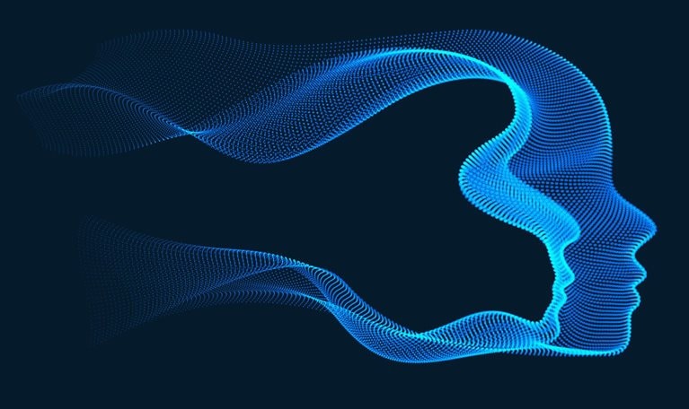 Abstract representation of a human head composed of dotted particles and vector wave shapes, symbolizing artificial Intelligence