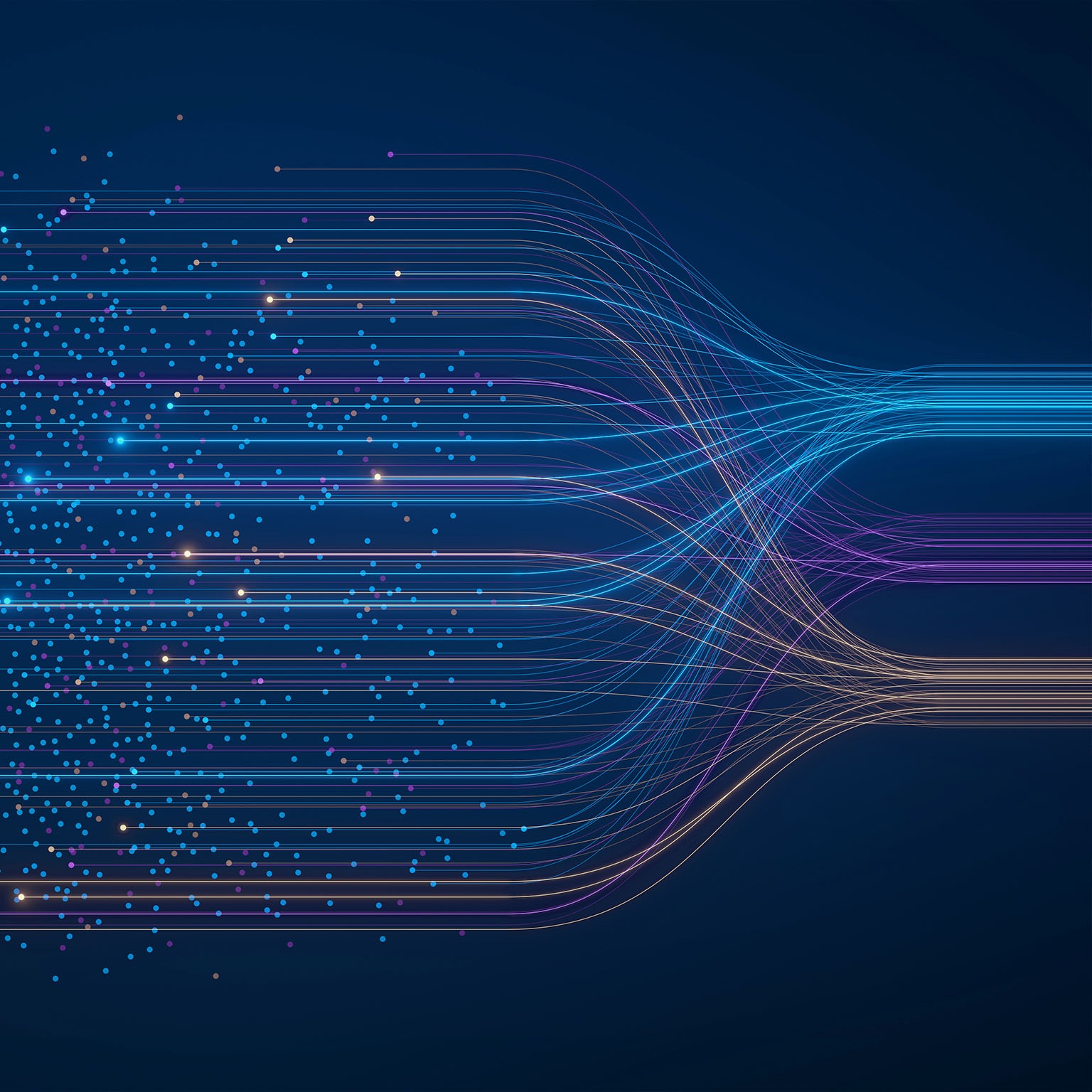 AI neural network analyzing big data. Machine learning and deep learning technology for artificial intelligence. Neurons connected to dataset. Data science, business analytics, automation illustration