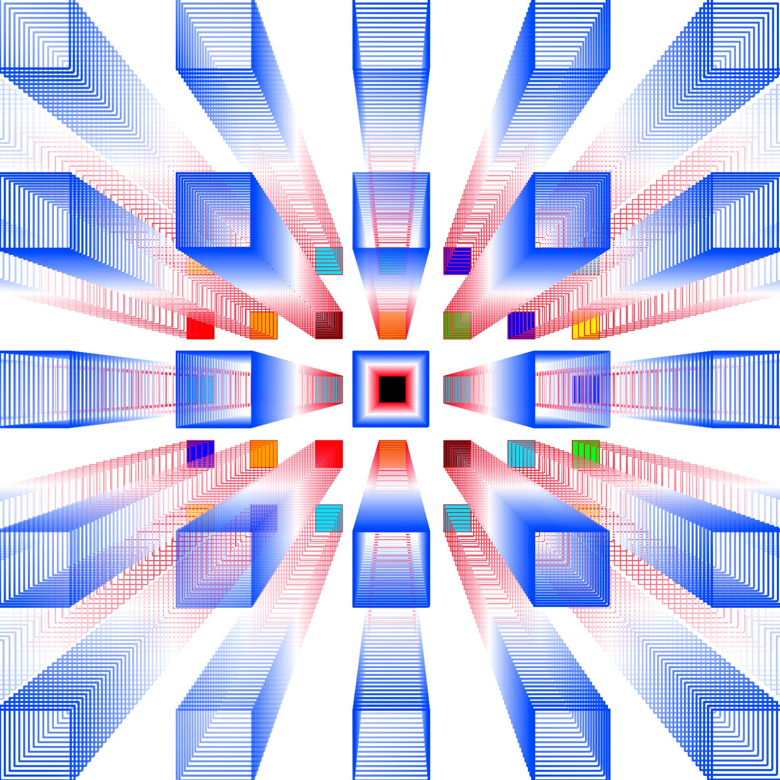A multitude of transparent cubes with wireframe edges are arranged in a design that extends from the center of the image. The cubes, mostly in shades of blue and red, come together towards a dark square, creating a sense of organization within a vast number of cubes.