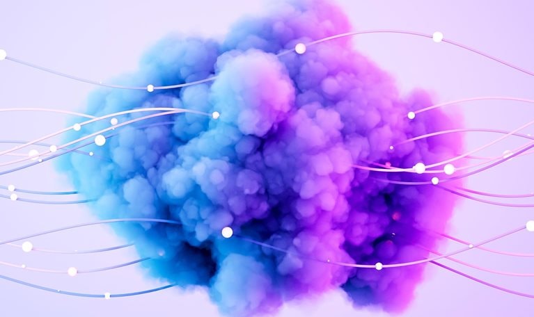 Futuristic blue and pink neo cloud intertwined with wires