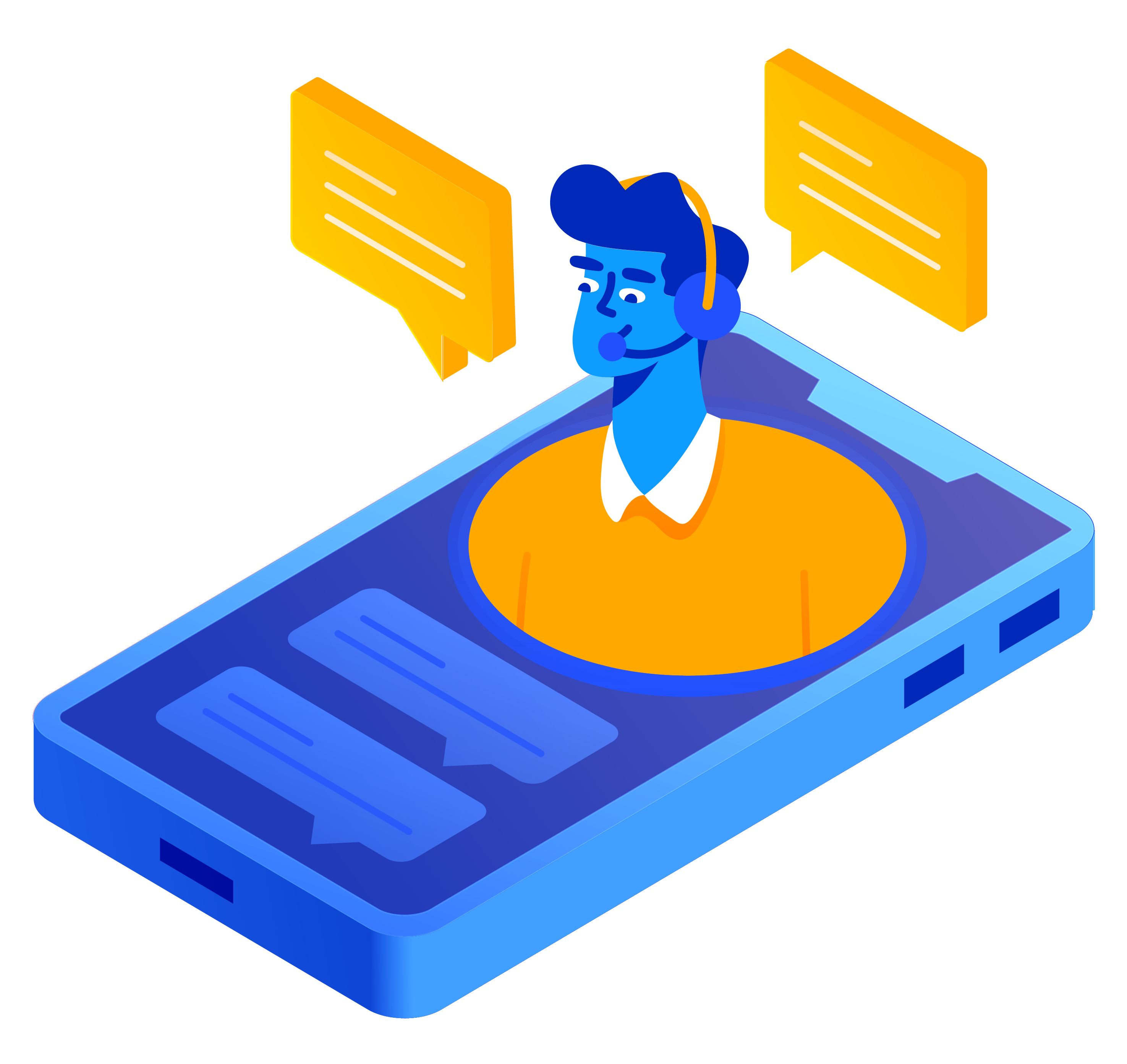Isometric icon illustration of cellphone with person wearing a headset popping out
