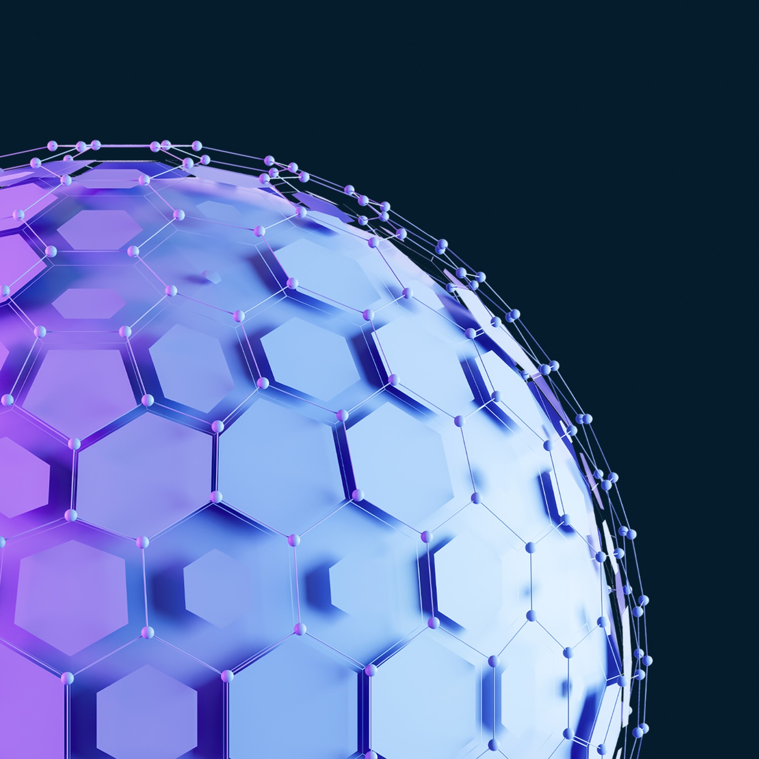 This image is a digitally generated 3D render of an abstract hexagonal sphere, commonly used as a futuristic technology background.