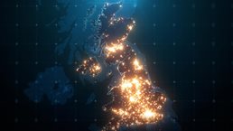 Night map of United Kingdom with city lights illuminated