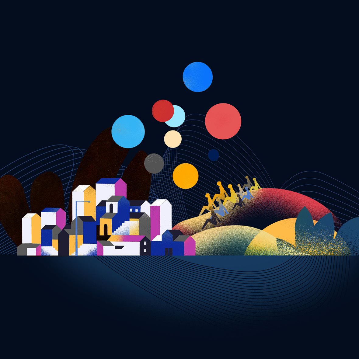 Illustration of an audience sitting on a hill next to a village. Colorful circles float above them. The scene is vibrantly colored and made of dramatic shapes and textures. Delicate line-work is etched into the background.