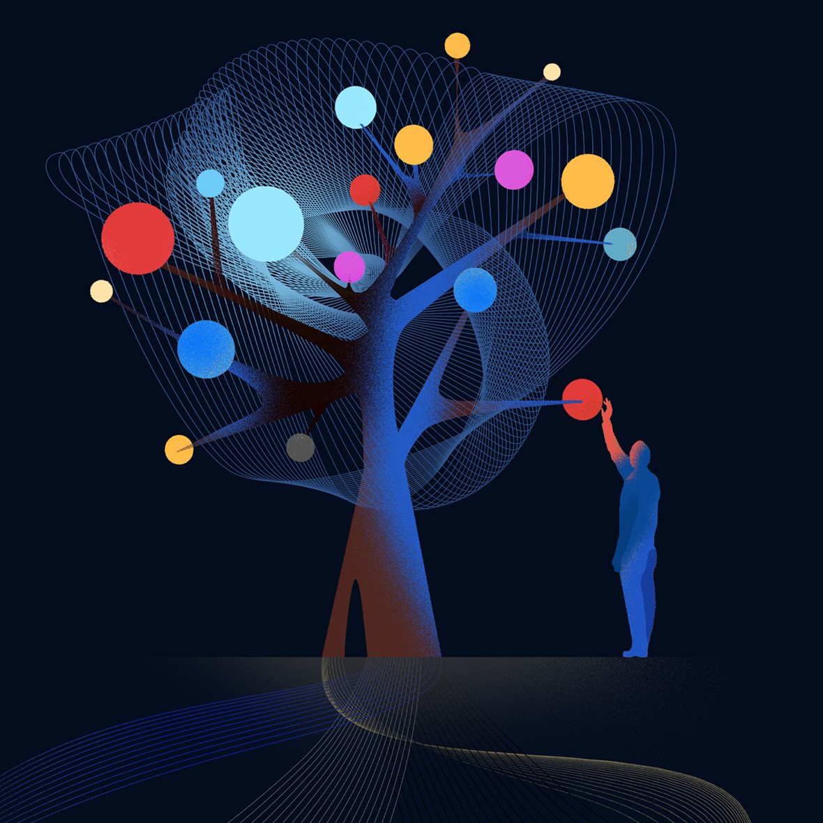 Dramatically colored illustration of a tree with glowing circles nestled on it’s branches, the tree’s canopy is represented by delicate line-work which expressively weaves around its branches. A figure reached up and touches one of the circles which then illuminates his arm.