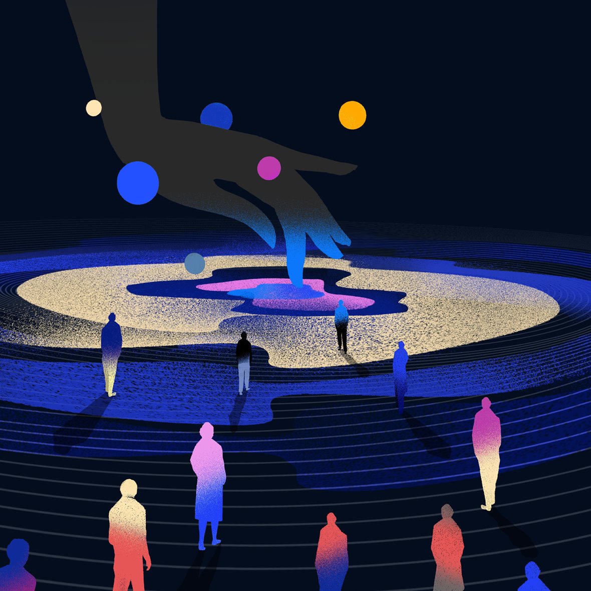 A large hand reaches down and touches the center of the image, ripples of fine line-work and light radiate out from it’s fingertip. Many figures are seen gravitating towards the center. Circles float above the hand delicately.