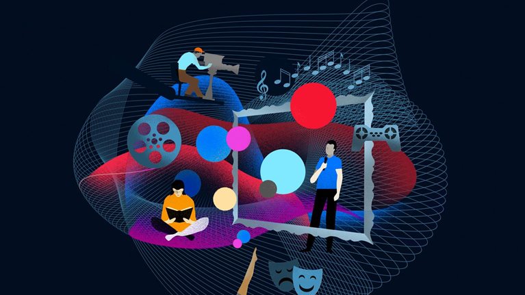 A vibrant illustration of 4 figures, including a videographer, speaker, dancer and a reader. Music notes, a movie reel, game remote and drama maskes along with colorful circles are mixed in the environment, which is set against delicate undulating line-work. 
