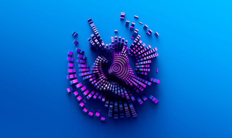 An abstract image of 3d geometric blocks forming a geographic type shape in a wavy dynamic pattern.