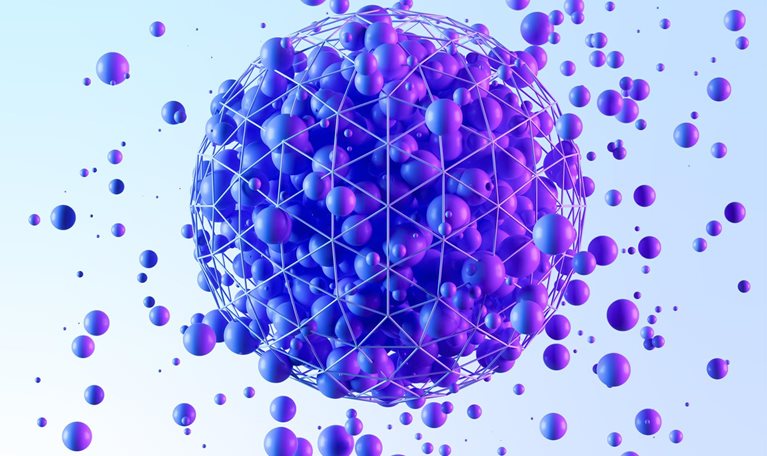 Sea of floating orbs busting out of a sphere made of a mesh network of wire.