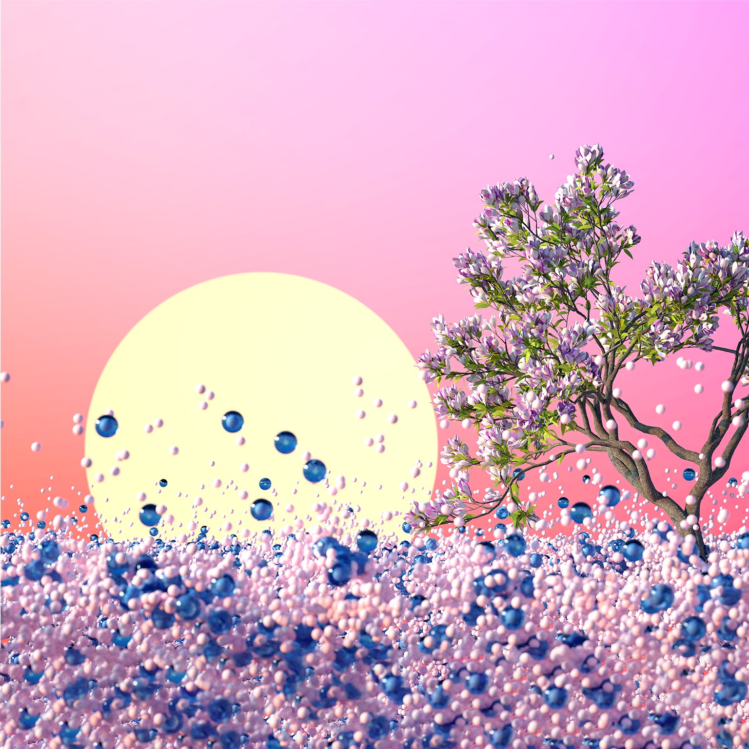 Image of a surreal landscape with a large sunrise and magnolia with blue and white bouncing balls.