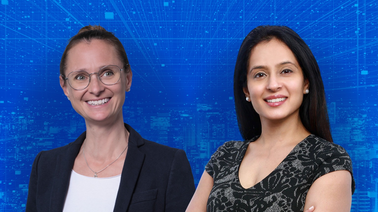 McKinsey partners Sandra Durth and Suman Thareja posed against a blue digital network background