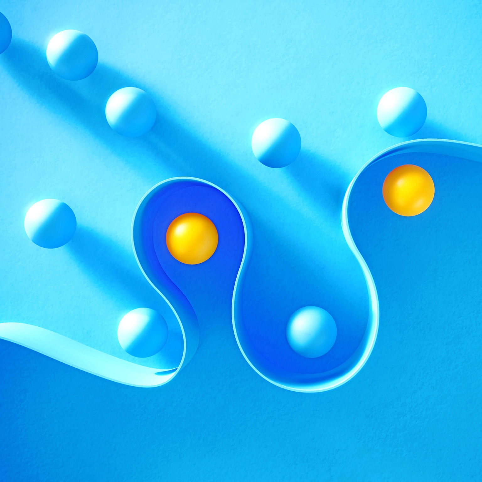 Many spheres separated by a curved wall.