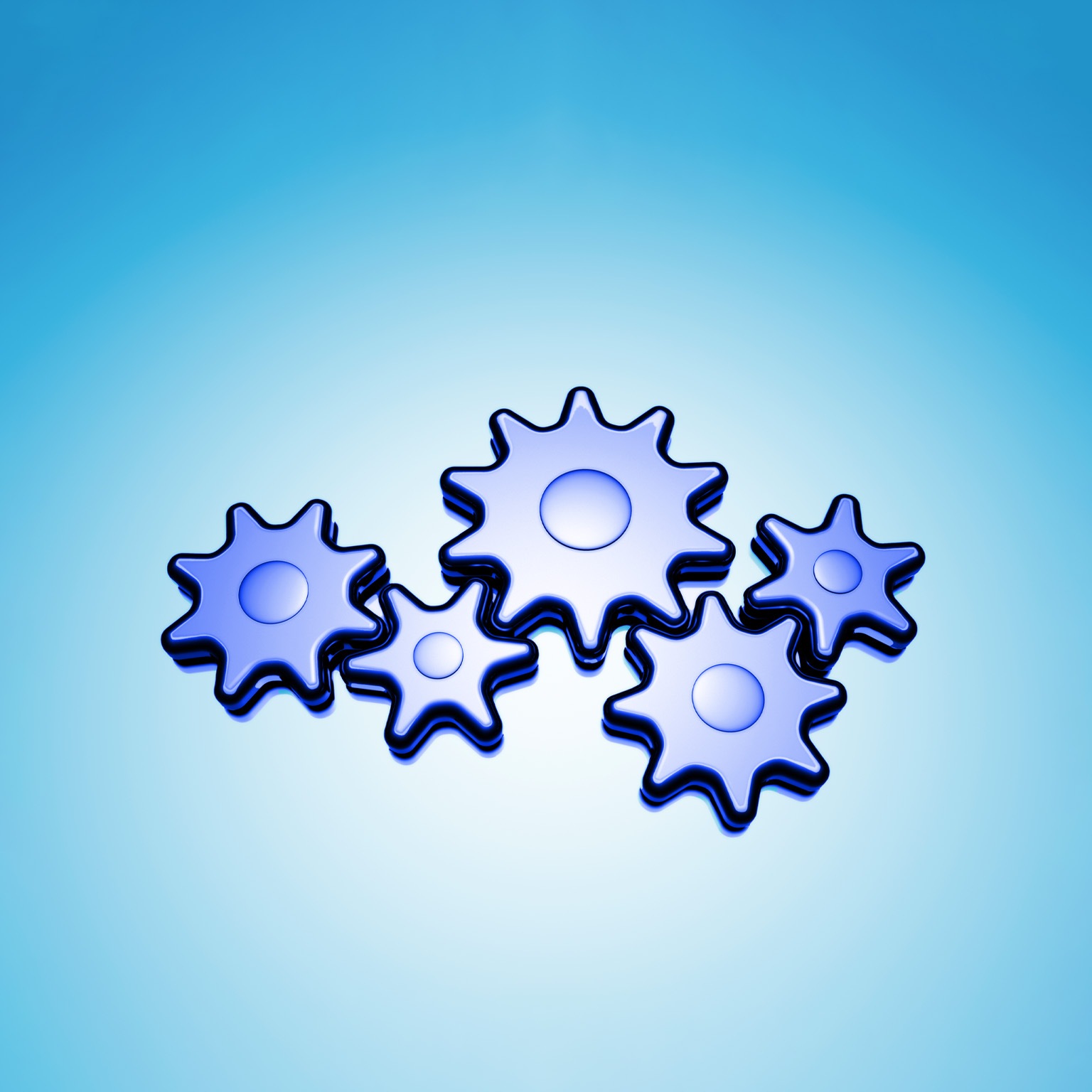 A group of stylized blue gears of different sizes interlocked against a soft blue gradient background. It conveys a sense of coordination, process, and systems working together in a clean, modern, and abstract style.