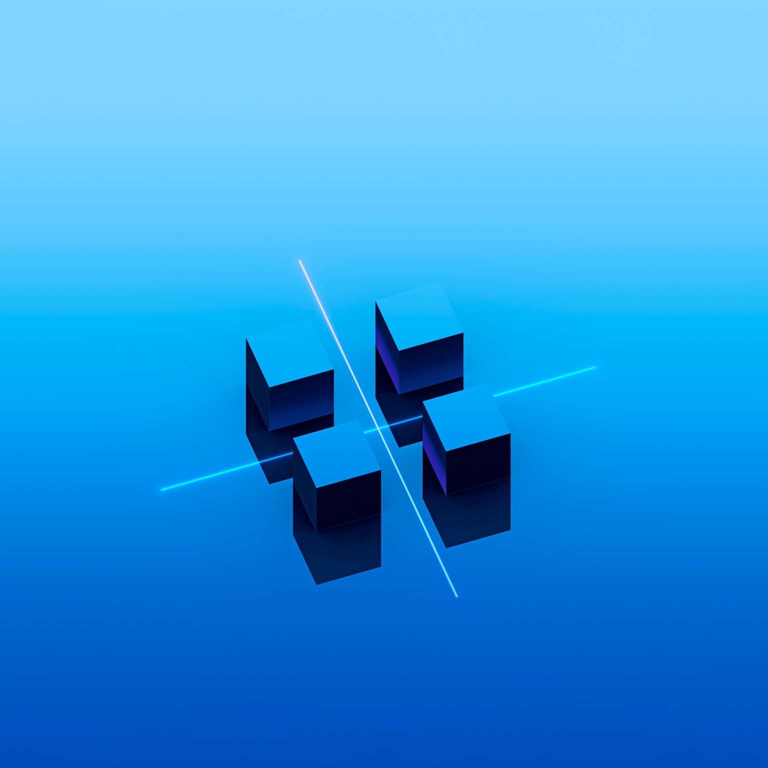 Four blue geometric blocks arranged in a grid-like formation on a smooth blue background. Thin glowing lines intersect between them, suggesting separation, restructuring, or a strategic division of elements.