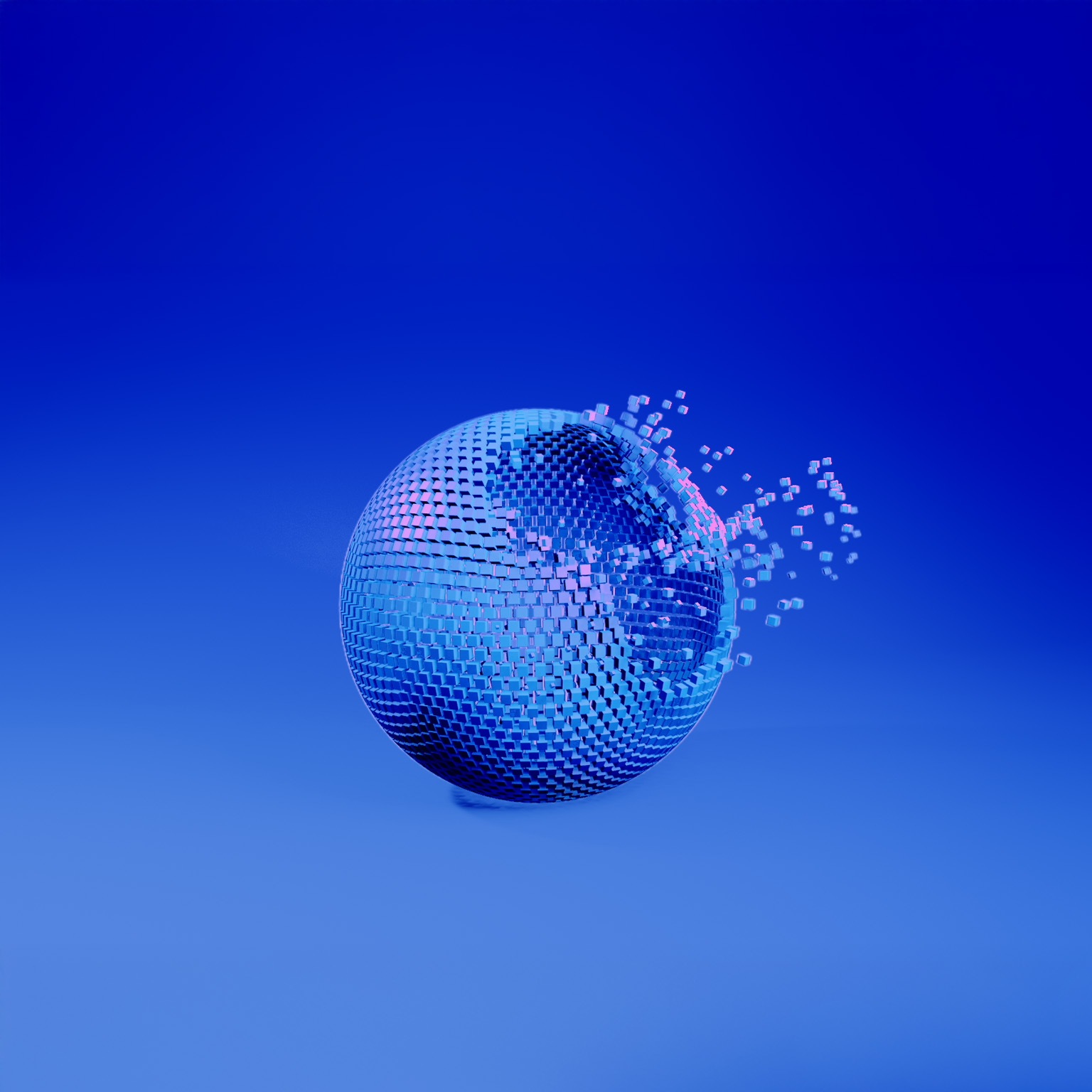 A glossy blue sphere with magenta highlights made of small cube-like particles gradually forms against a smooth blue gradient background. 