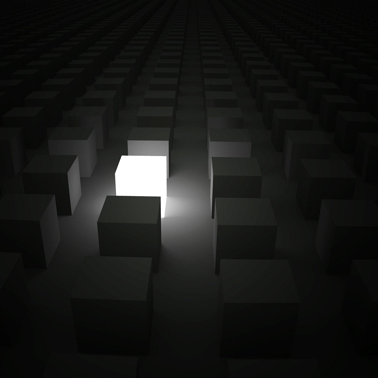 Rows of cubes in the darkness with a single cube lit up, shining while standing out of the crowd. - stock photo