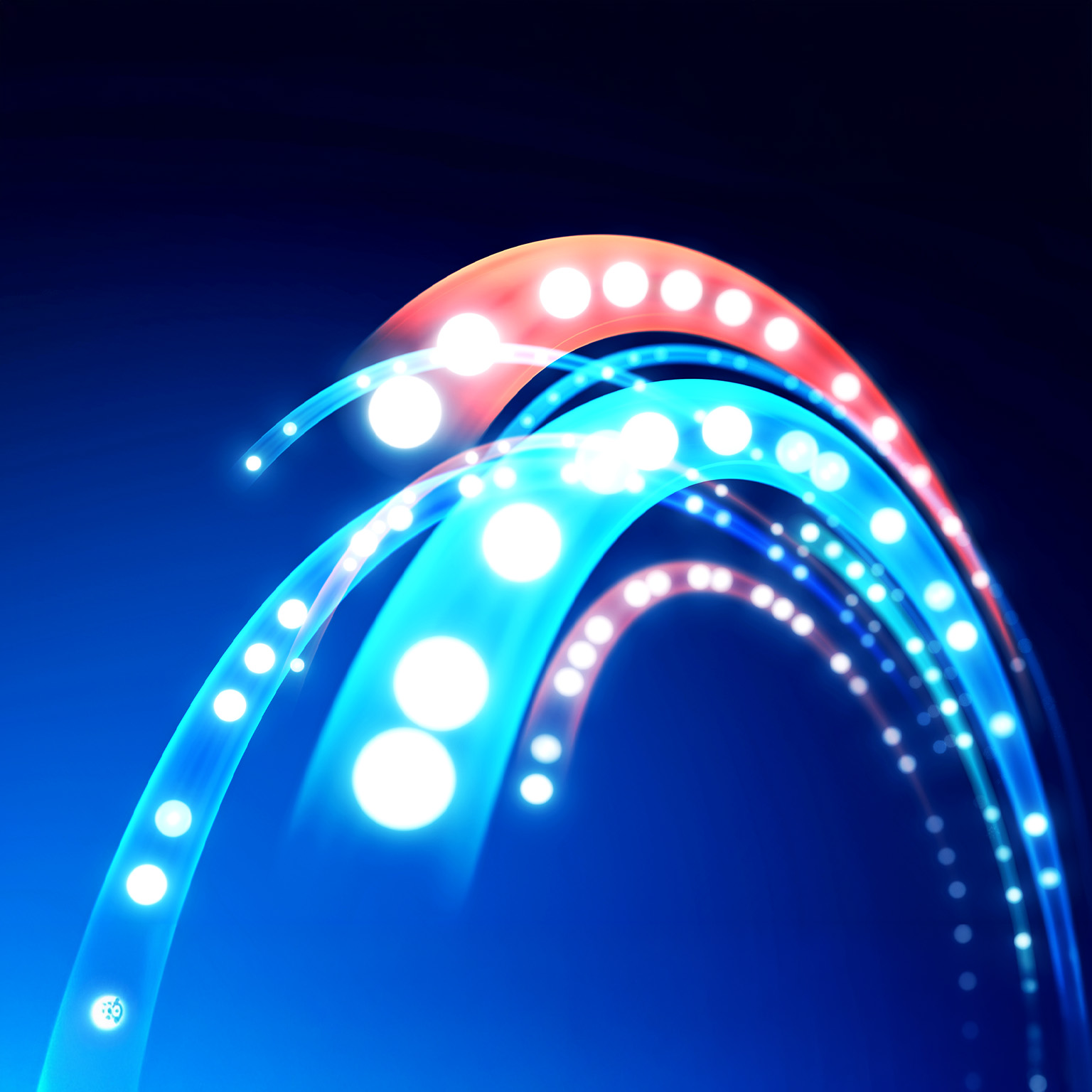 An abstract close-up of glowing curved light trails in bright cyan, blue, white, and coral against a dark background.