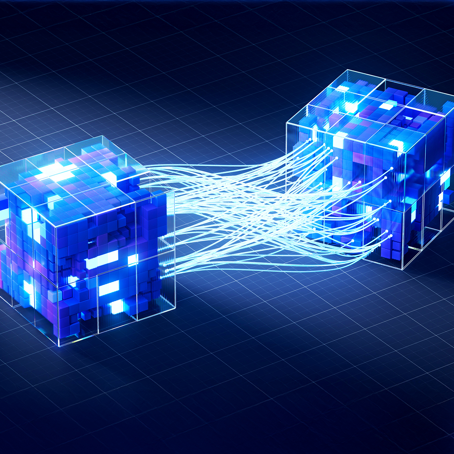 Two glowing transparent cubes connected by multiple light-like data streams on a dark grid background.