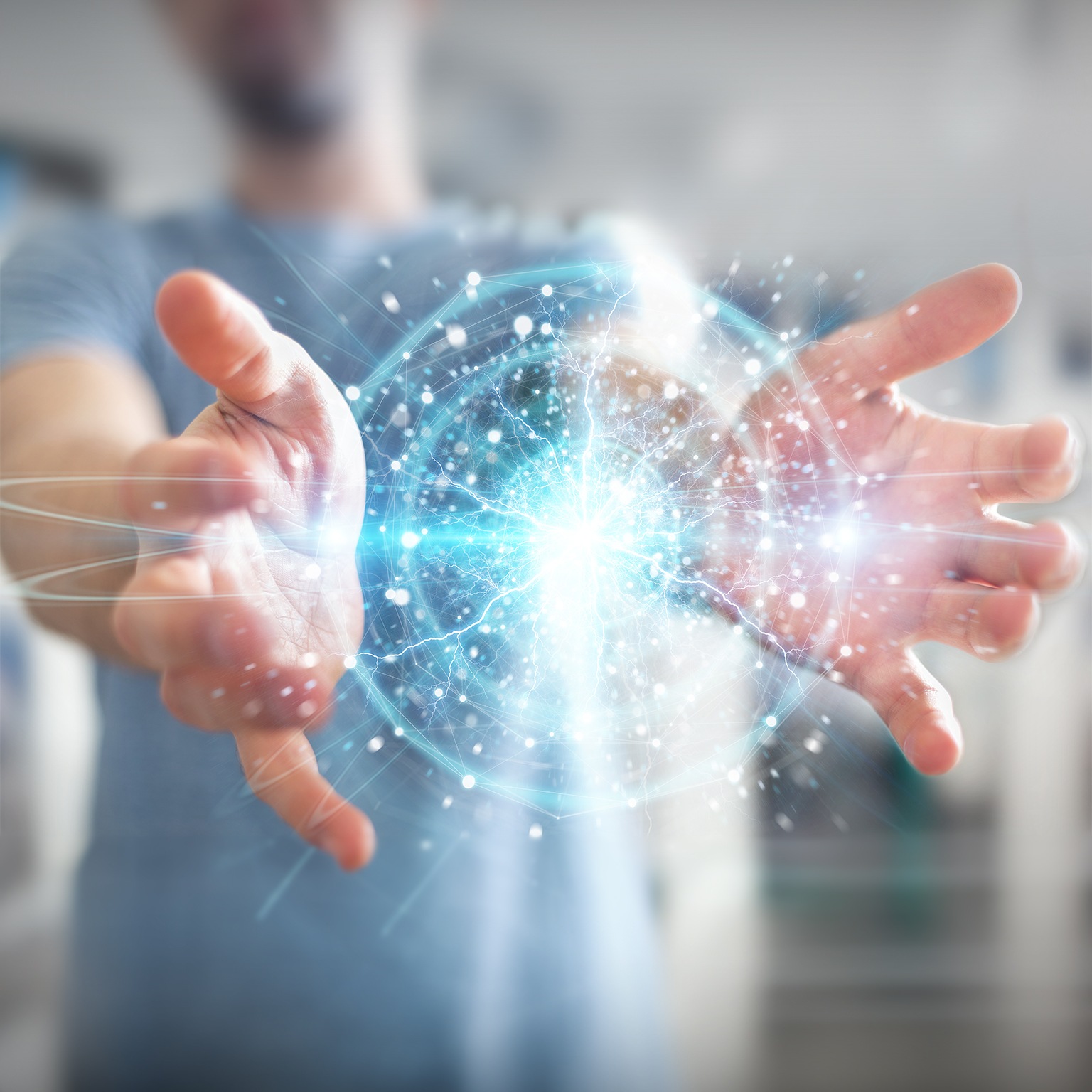 Businessman on blurred background creating renewable and sustainable eco energy with electrical sphere 3D rendering - stock photo