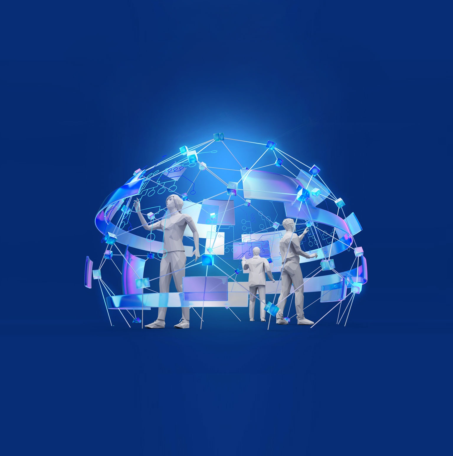 A team of software engineers is working inside a futuristic, dome-shaped structure where programming is done through touch-sensitive interfaces.