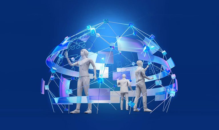 A team of software engineers is working inside a futuristic, dome-shaped structure where programming is done through touch-sensitive interfaces.