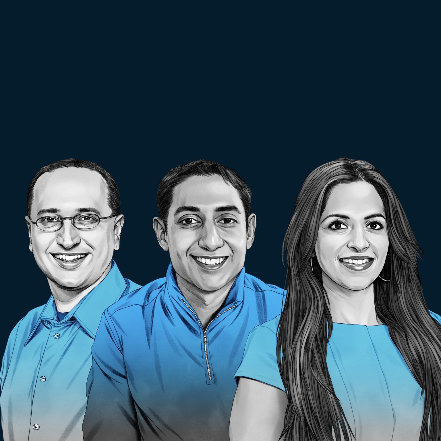 A hand-drawn illustration of Naveen Chadha, Kiran Prasad and Naba Banerjee. The drawing features precise lines and subtle shading, using black and white tones for face and blues for attire.