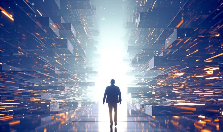 A human figure steps into a futuristic space filled with data particles, reflecting the journey of digital transformation.