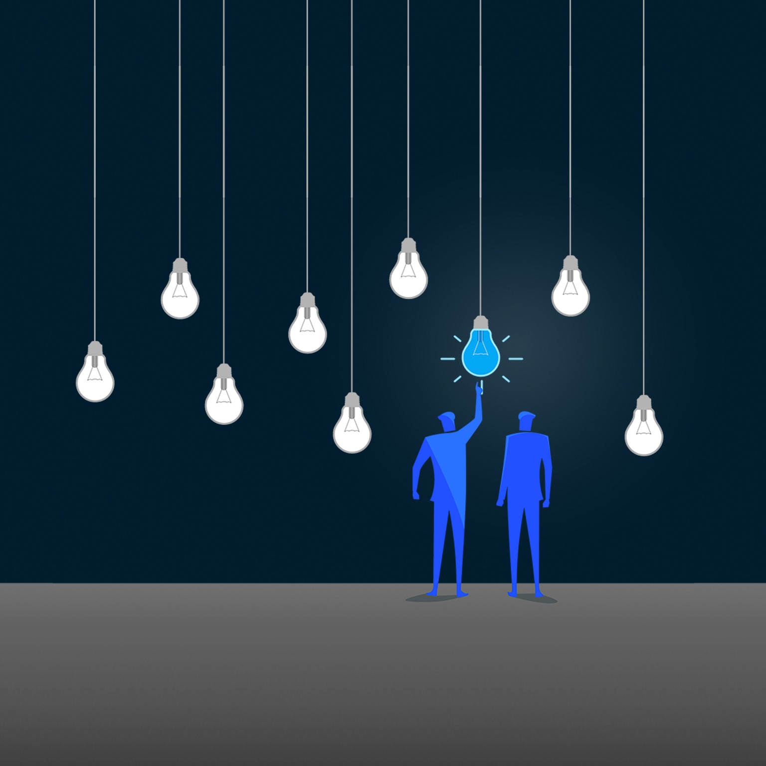 Standing out from the crowd. Two figures point to one red lightbulb in a series of hanging white lightbulbs. - stock illustration